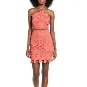Astr high neck peach/coral lace mini dress